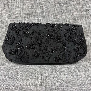 La‎ Regale Vintage Evening Bag Black Satin Beaded Corded Strap Crossbody Clutch